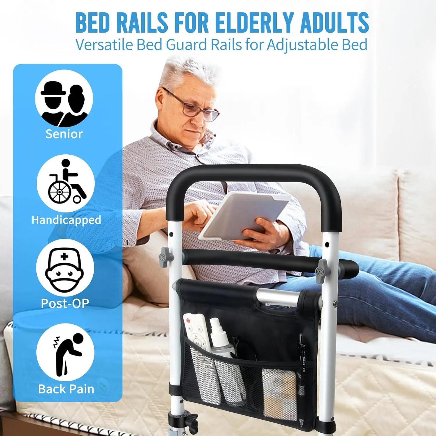 Bed Rails for Seniors with Built-in Bed Alarm & Night Light, Bed Assist Rails for Elderly Adults Safety, Bed Guard Rails