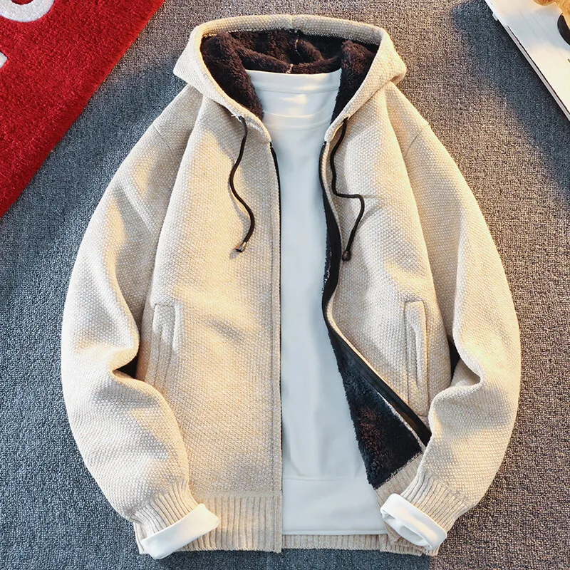 Suéter de malha masculino clássico, cardigã com capuz, jaqueta casual streetwear com zíper completo, casaco