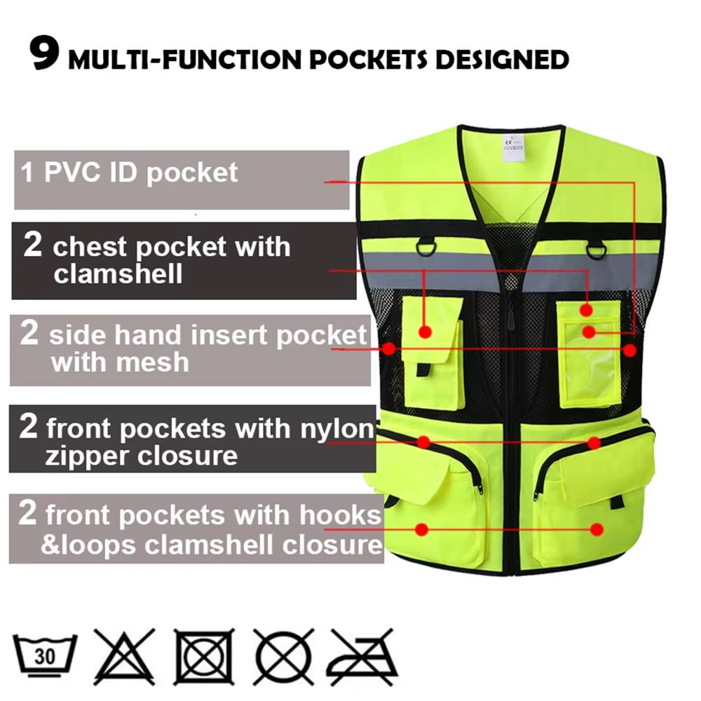 High Visibility Reflective Safety Vest Zippered Work Clothes Fishing Net Multi-Pocket Traffic Construction Night Safety Clothing