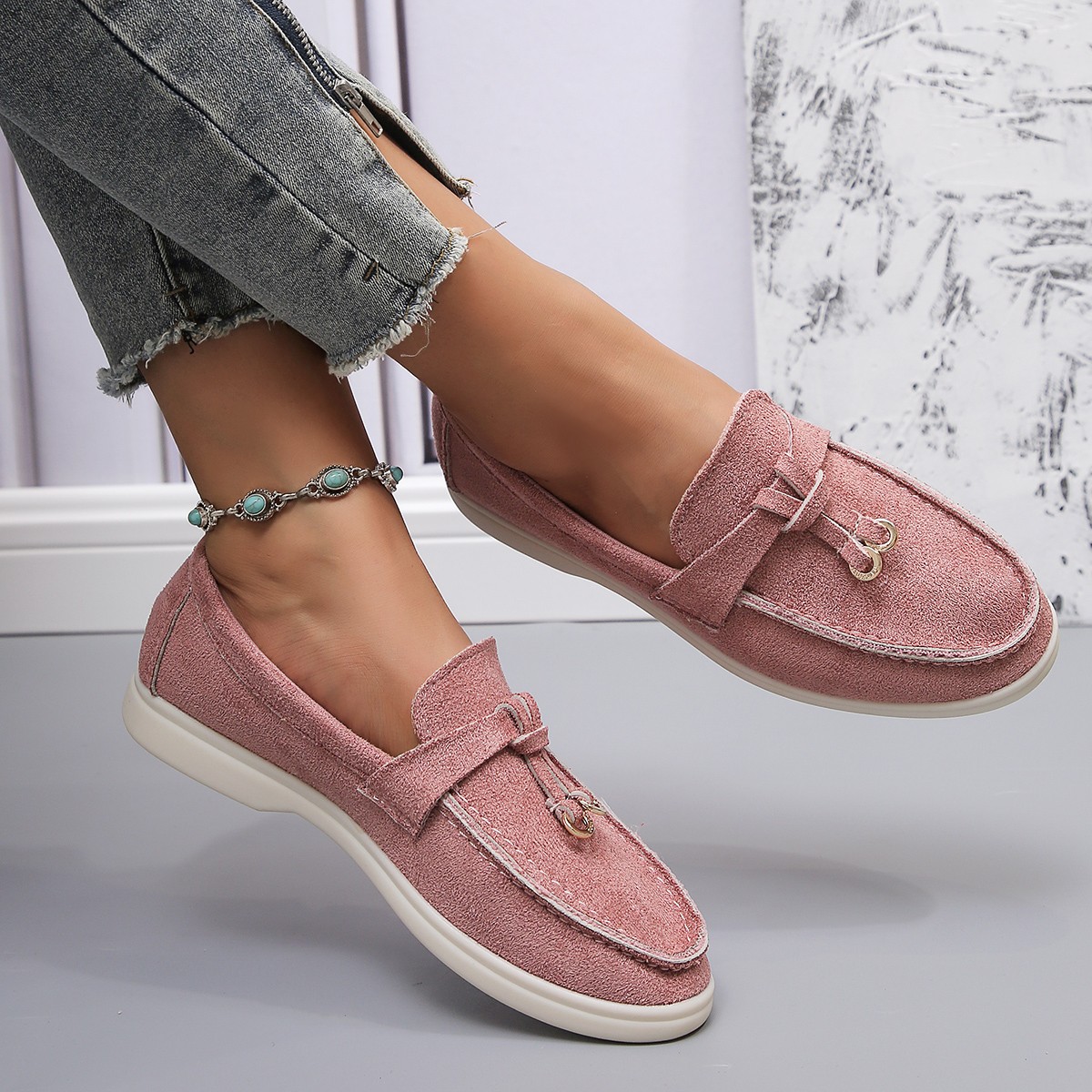 New Lefu Shoes Women's Soft Leather Retro Lazy Man Step on Thick Sole Flat Bottom Comfortable Single Shoe