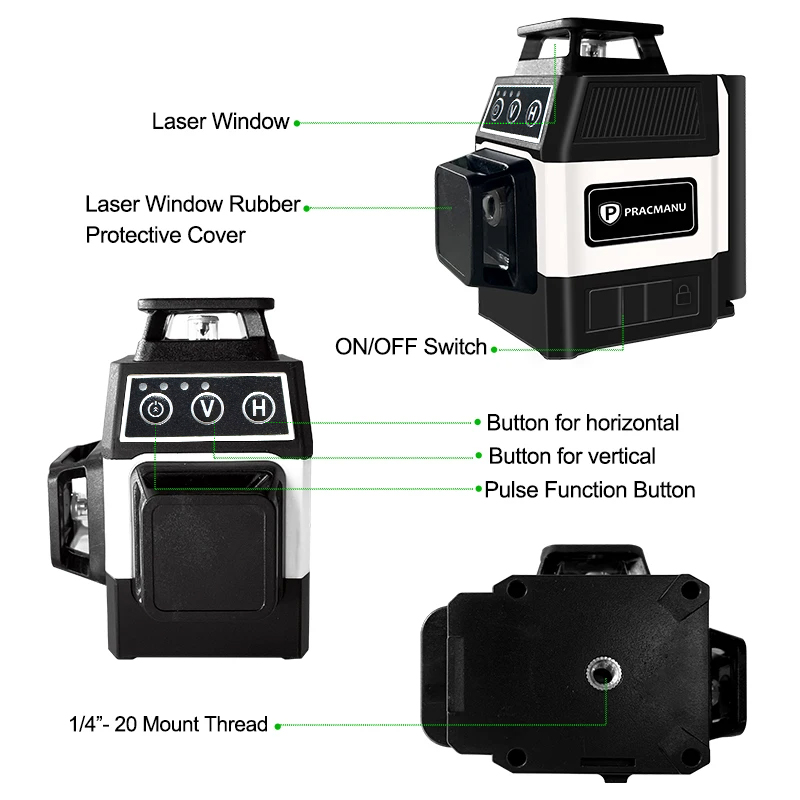 Pracmanu Mini Laser Level 12 Lines 3D level Self-Leveling 360° Horizontal and Vertical Cross Green Laser Beam Lines