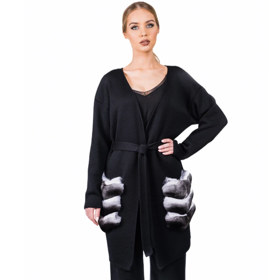 Frauen Fell Strickjacke Kaschmir Pullover Knie-Länge Mantel Mit Rex Kaninchen Fell Trim Taschen
