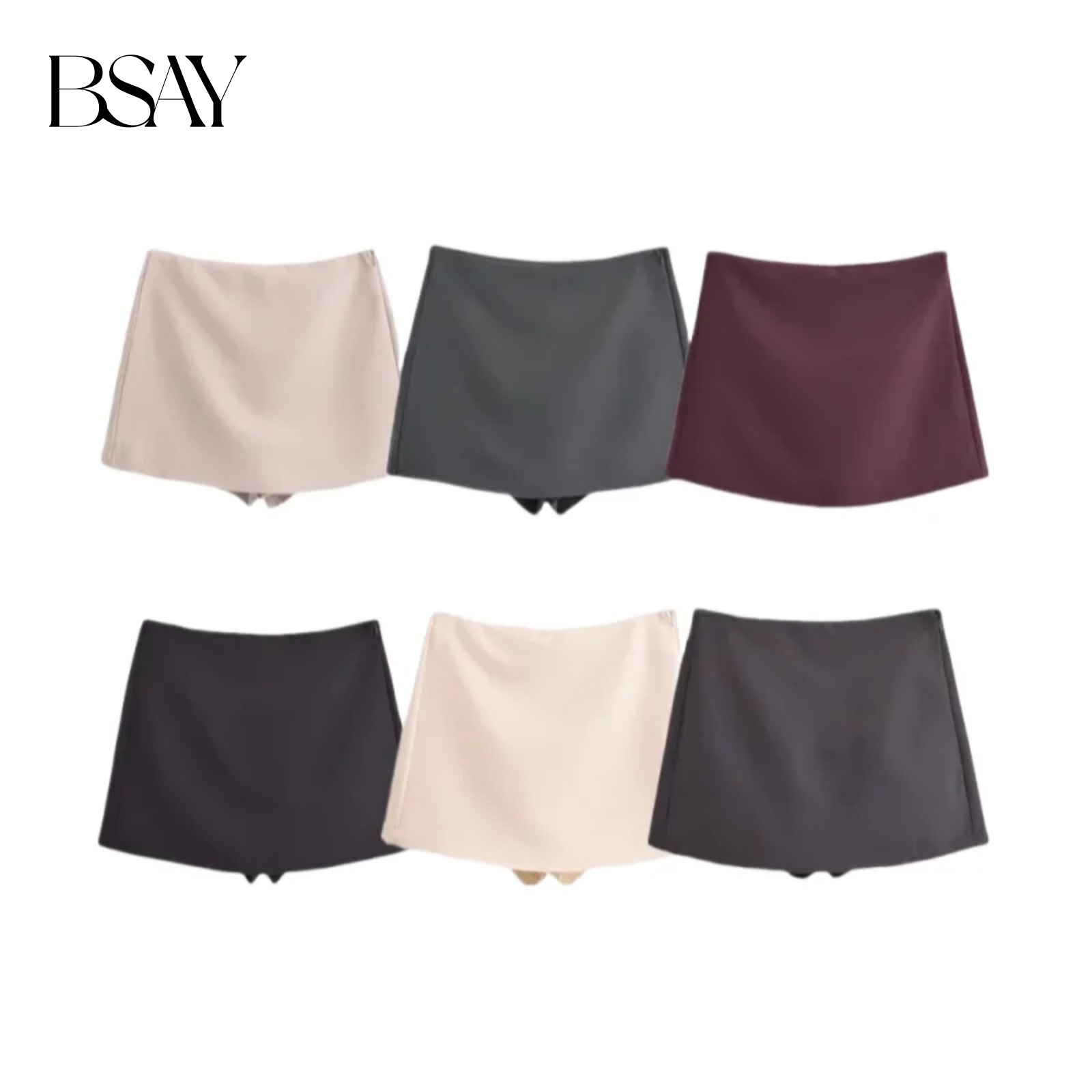BSAY Shorts für Damen, modisch, Herbst und Winter, neu, bequem, lässig, einfarbig, seitlicher Reißverschluss, mittlere Taille, A-Linie, Culotte-Rock, Hose