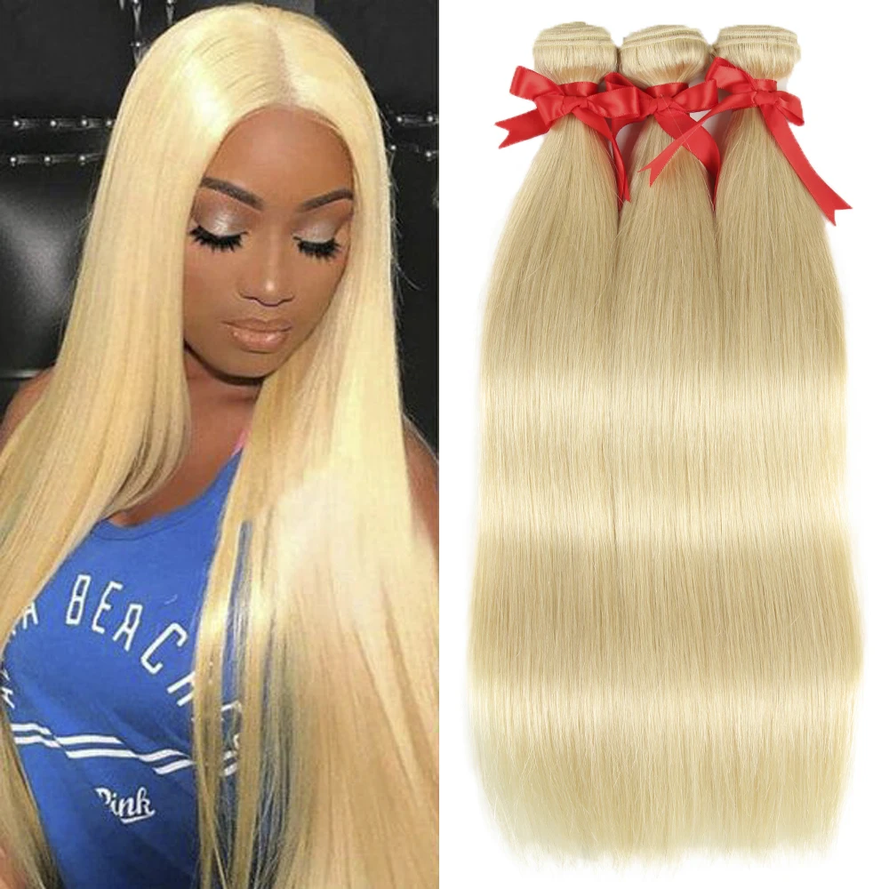 Sleek-Straight brasileiro cabelo humano Pacotes, extensões do cabelo Remy, Pacotes único, 613 loira