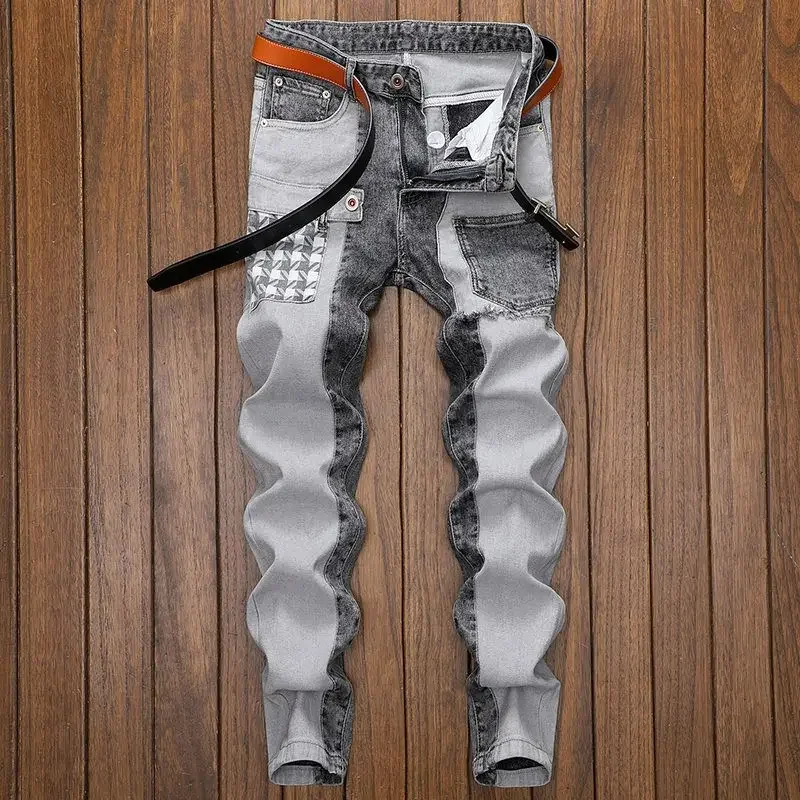 ฤดูใบไม้ผลิฤดูใบไม้ร่วง Cargos ผู้ชายเสื้อผ้าตรงสินค้าใหม่ Slim Casual Designer คาวบอยทำงาน Splice กางเกงยีนส์กางเกงกางเกง