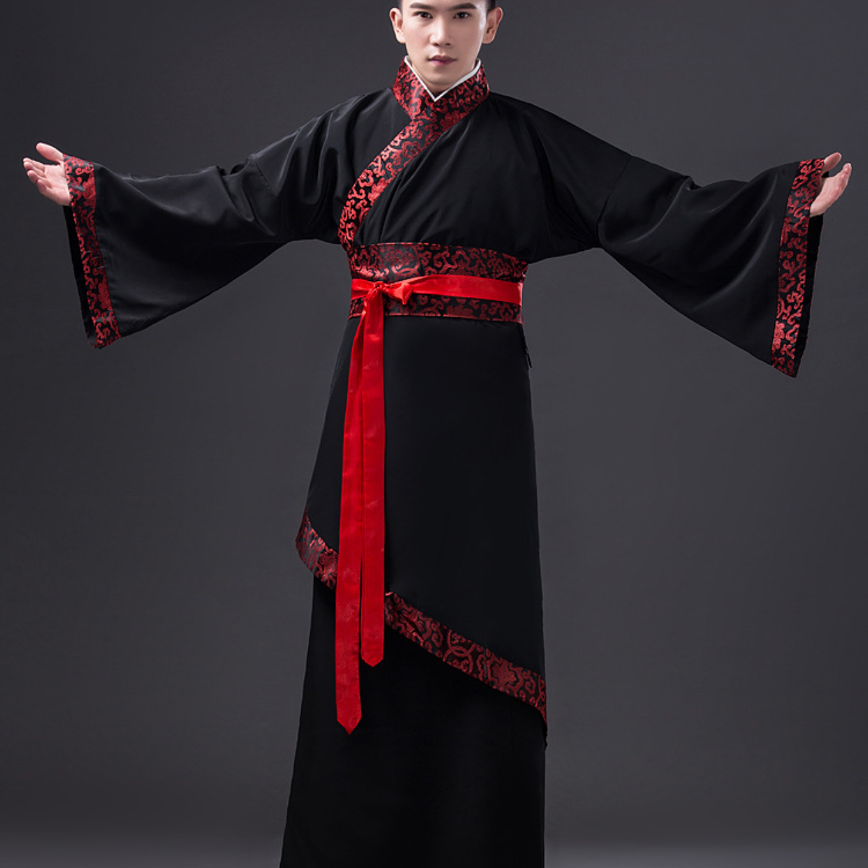 Antikes Kostüm Schwarz Hanfu Männer Tang-Dynastie Schwarzes Bühnenkostüm Chinesische traditionelle Kleidung mit Gürtel für Mann Junge Große Größe