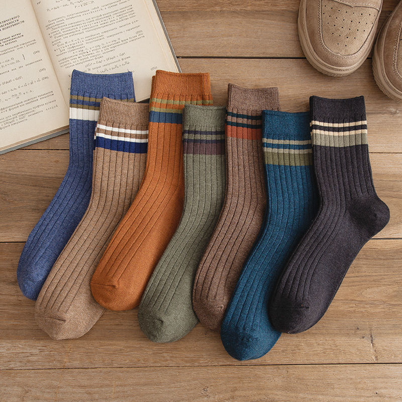 7 pares de calcetines a rayas para hombre, calcetines casuales de moda, calcetines Retro Harajuku de alta calidad para hombre, calcetines largos de talla grande
