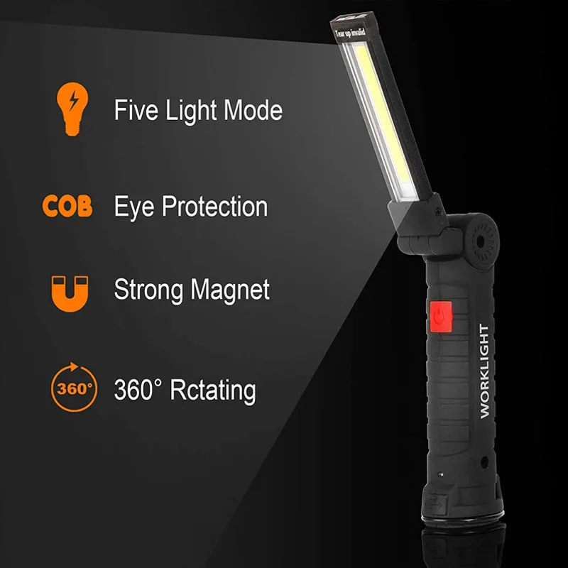 Linterna LED COB portátil, luz de trabajo recargable por USB, linterna magnética plegable, lámpara colgante, lámpara de reparación de automóviles, antorcha de Camping
