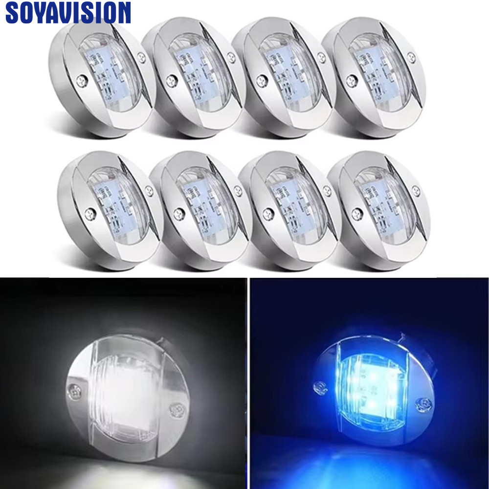 Marine Boat Interior Luzes LED, Deck Cortesia Luz, Redondo, popa Stern, Âncora de Navegação, Branco e Azul, 12V, 3 pol
