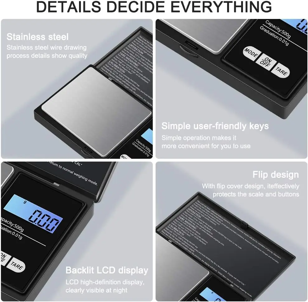 MINI DIGITAL Scale 500G/0.01G 1000g/0.1g สําหรับเครื่องประดับน้ําหนักกรัมสําหรับห้องครัวที่แม่นยํา LCD ความแม่นยําสูง Backlight ไฟฟ้ากระเป๋า
