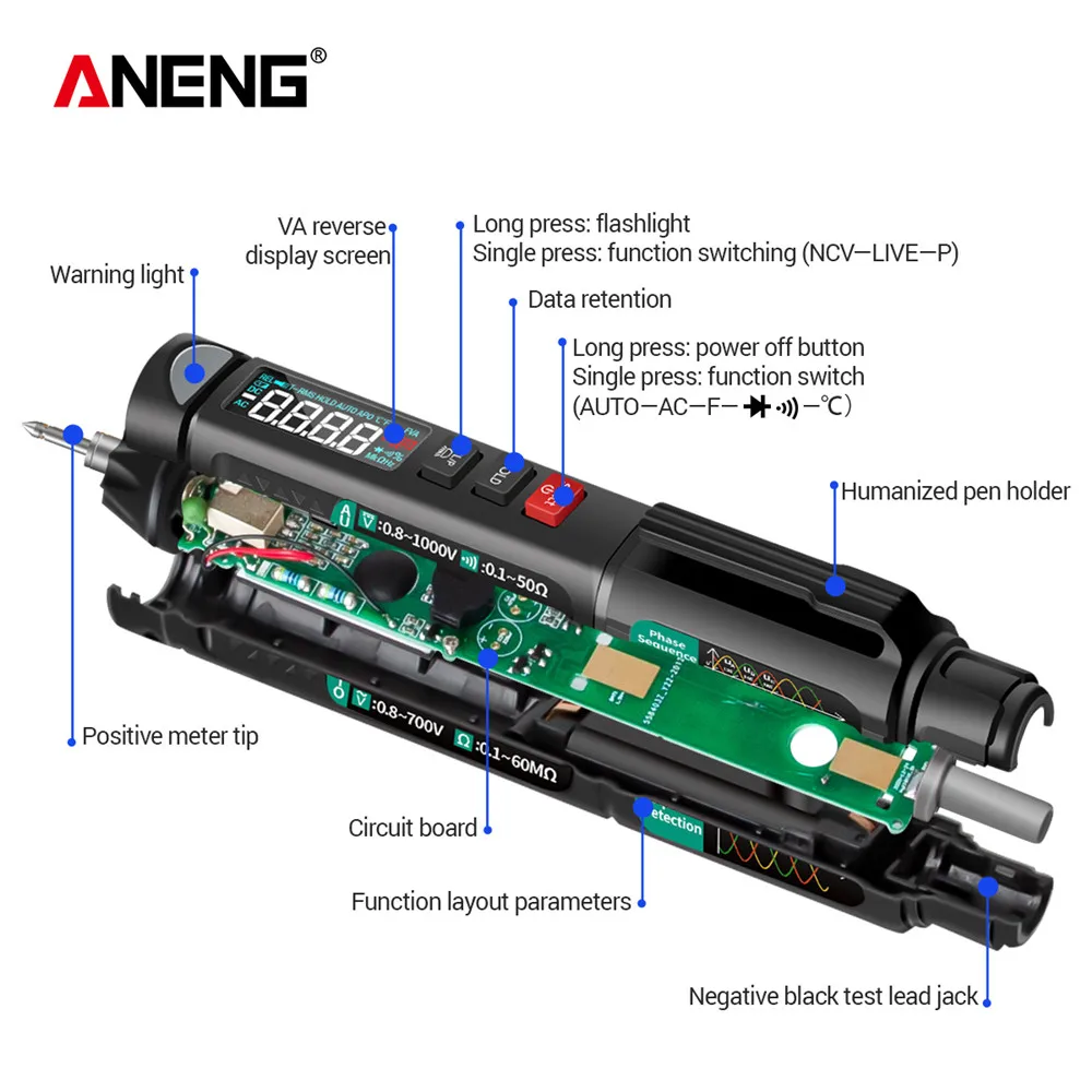 ANENG A3008 multímetro Digital Auto inteligente Sensor pluma probador 6000 recuentos medidor de voltaje sin contacto multímetro polimetro