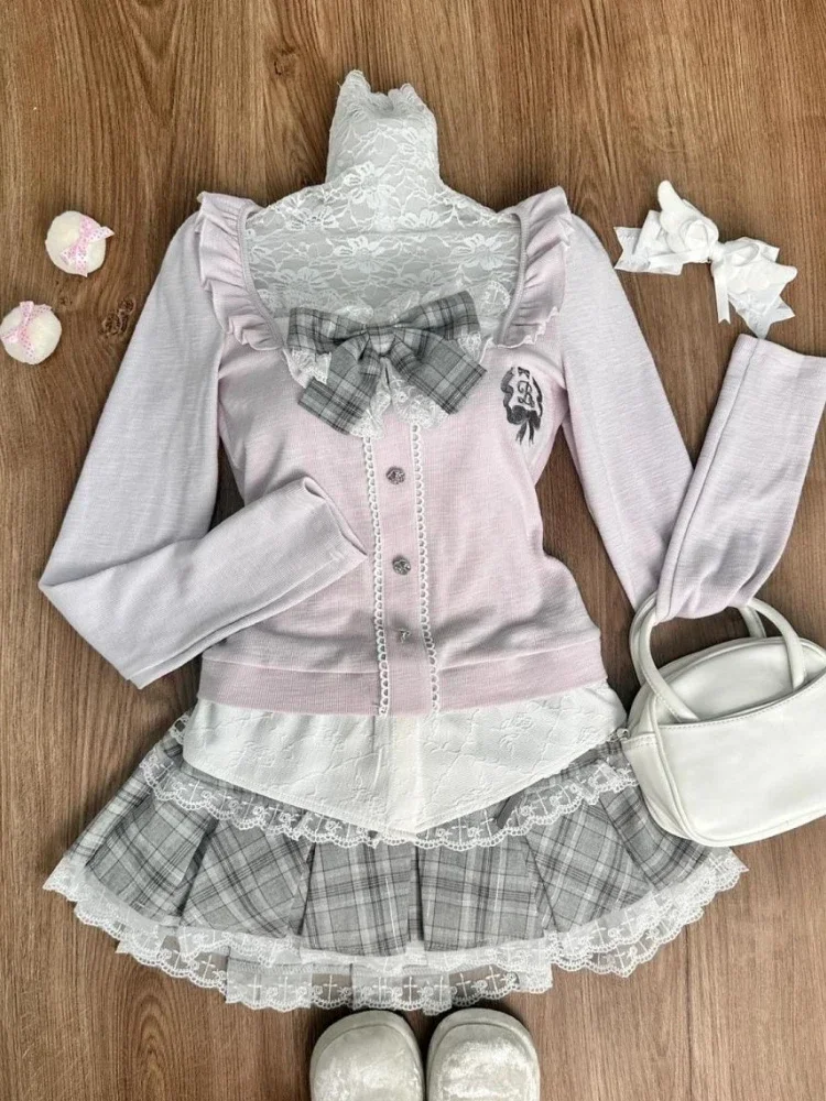 Autumn Winter Chic Solid 2-piece Set Women Korean Fashion Long Sleeve Slim Square Neck Tops + Elastic Waist Plaid Skirt Suit New