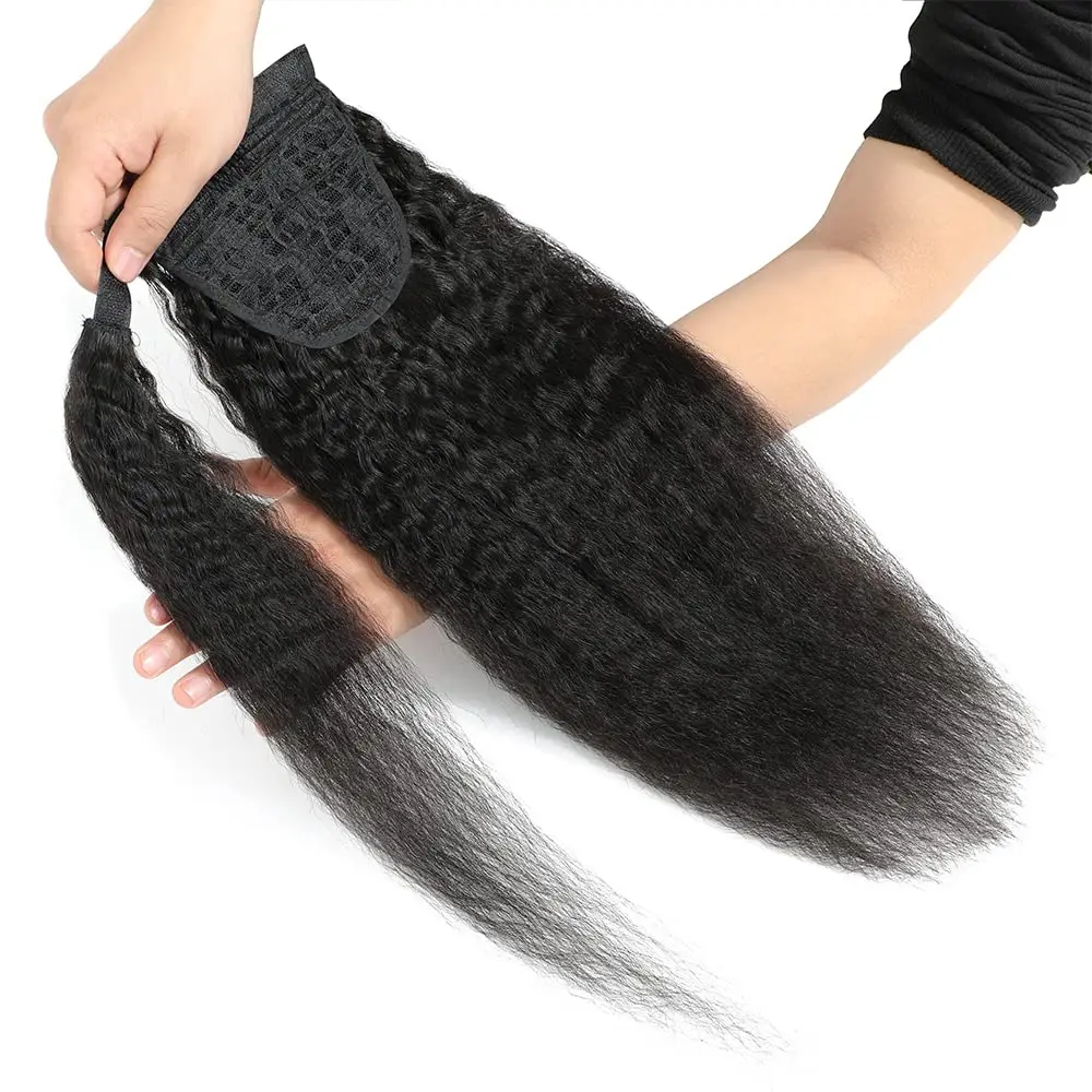 Extension de cheveux humains queue de cheval droite crépue 100g enrouler autour du clip en queue de cheval noir naturel # 1B Remy indien 10-26 pouces pour femmes