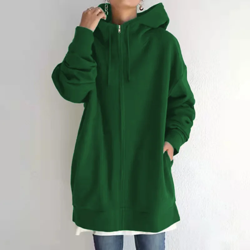 Mulheres engrossado quente cor sólida moletom com capuz bolsos duplos zíper cardigan com capuz feminino longo outerwear tendência streetwear