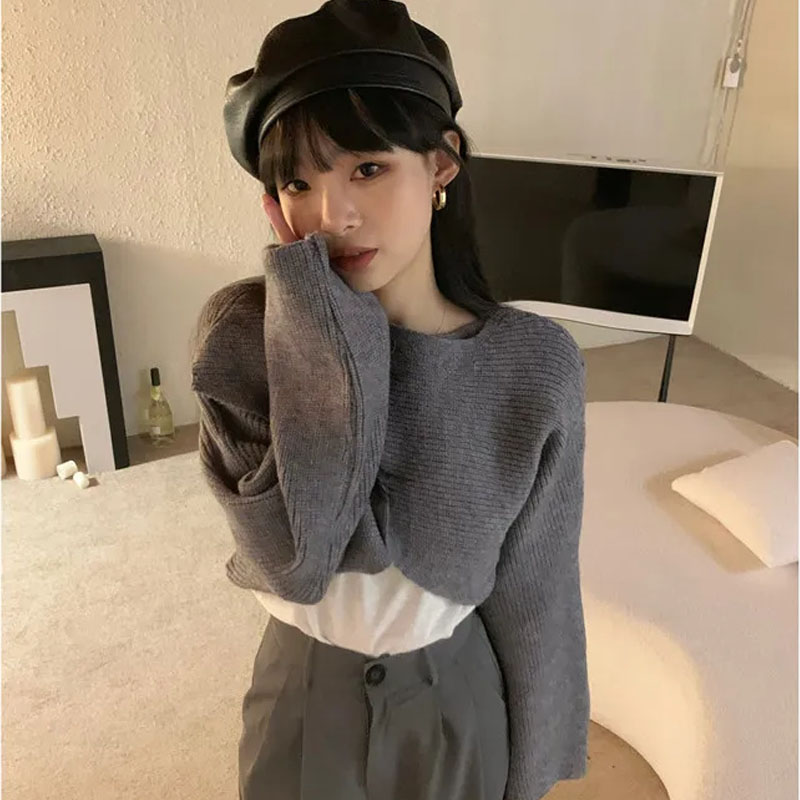 Pulôver de malha feminino elegante com decote em O, suéter casual, top solto de manga comprida, monocromático, nova moda, outono, 22933