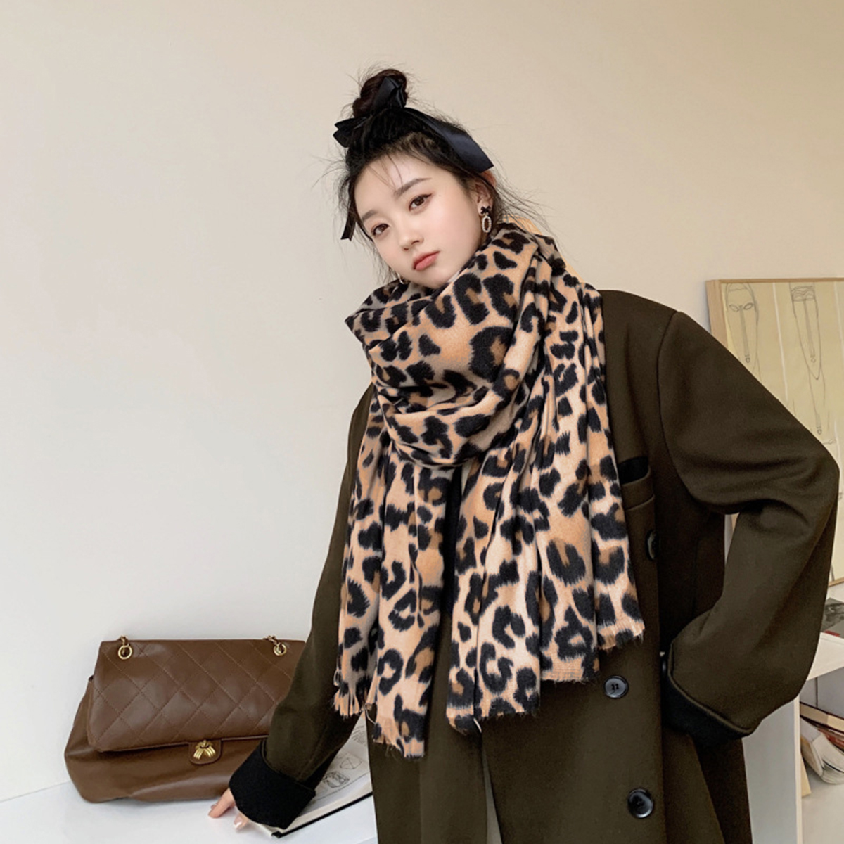 Bufanda de leopardo, pañuelo de Cachemira de imitación para mujer, bufanda más vendida de invierno, cubierta para el cuello, pañuelo a prueba de viento para exteriores