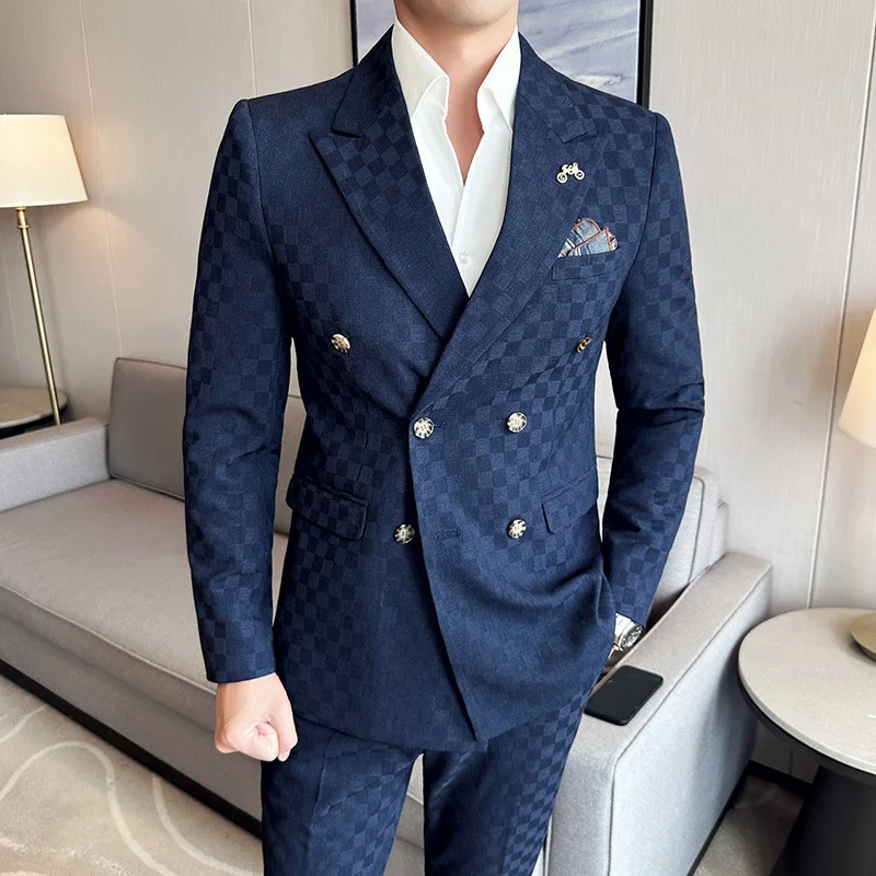 (Kurtka + spodnie) Luksusowy garnitur w kratkę z podwójnymi piersiami 2-częściowy moda biznesowa Slim Fit towarzyski formalny garnitur suknia wieczorowa 5XL-M