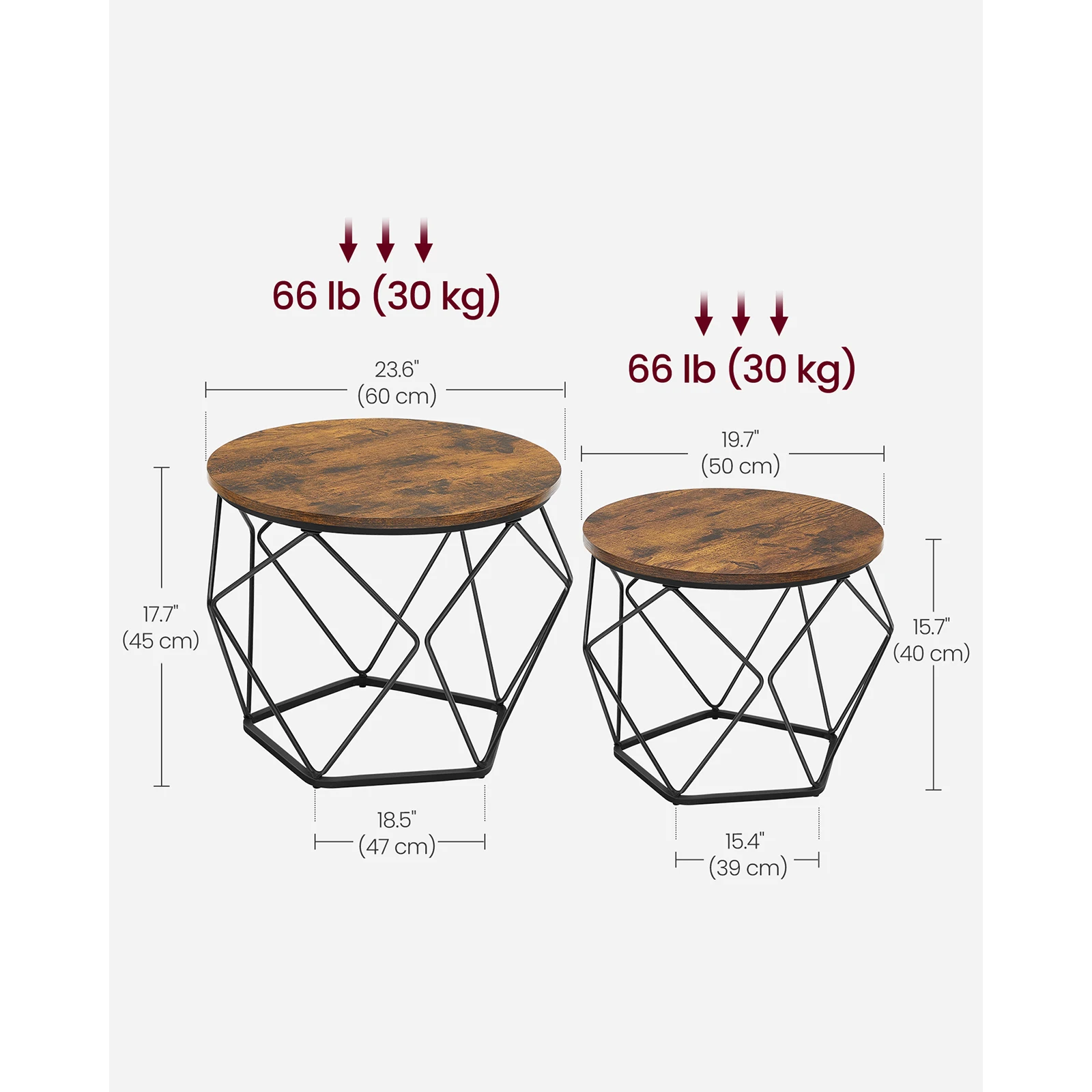 VASAGLE Round Coffee Table, Set of 2, Side Table, Sofa End, Modern Style, Removable Top, Steel Frame, for Living Room