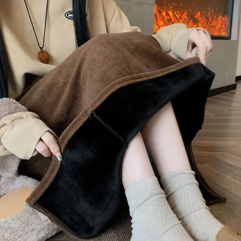 빈티지 우아한 오피스 레이디 A라인 스커트, 뒷면 슬릿, 신축성 허리, 두꺼운 여성 스커트, 따뜻한 플리스, 겨울 신상