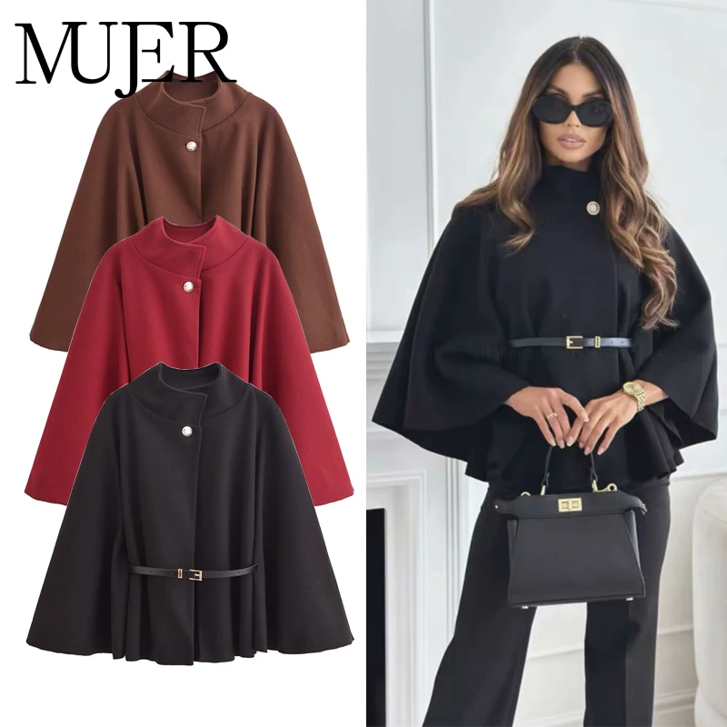 Muyer cinto poncho capas femininas capas pretas casacos de inverno mulher 2025 manga morcego casacos para mulheres moda feminina capa jaqueta