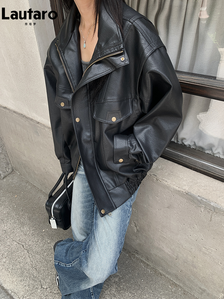 Lautaro primavera inverno legal oversized engrossar quente preto duro jaqueta de couro do plutônio das mulheres manga longa roupas americanas de alta qualidade