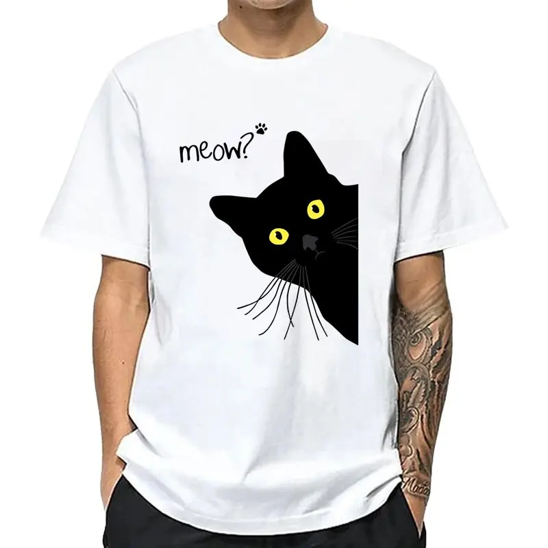 Camiseta masculina 100% algodão verão meow gato preto impressão masculina t camisa casual solto o-pescoço camiseta masculina de manga curta