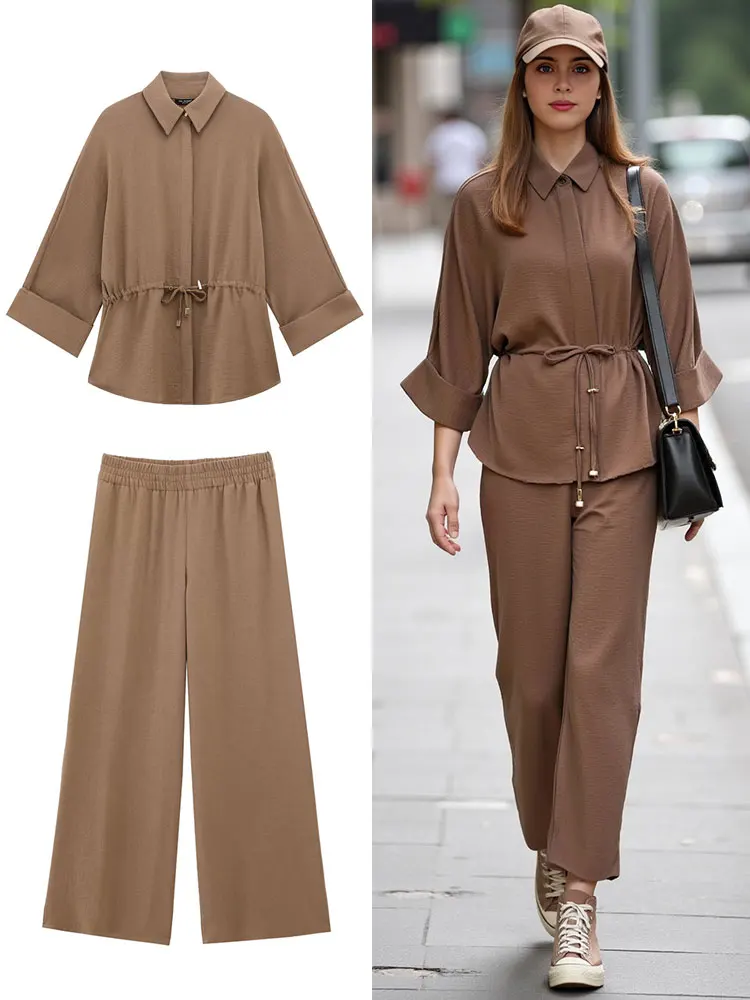HH Frauen Kimono Stil Bluse Hose Sets Langarm Spitze Up Hemd Lose Beiläufige Elastische Taille Hose Frühling Dame Outfit
