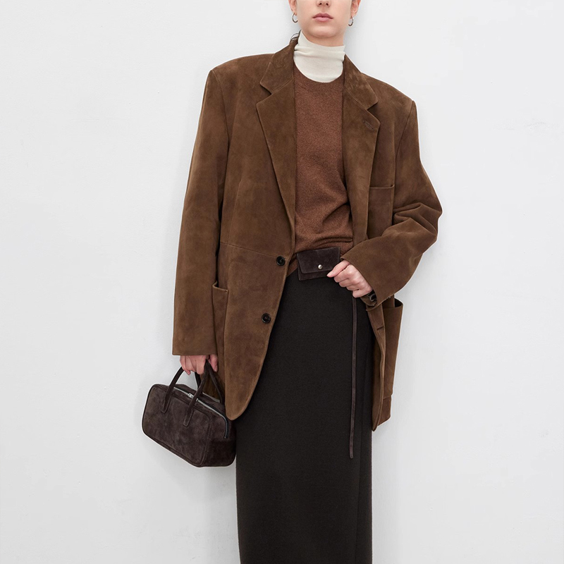 Vintage marrón cuero de vaca chaqueta de cuero Real chaquetas 2024 primavera nuevo elegante mujeres de un solo pecho de gamuza de vaca chaqueta de gran tamaño abrigos