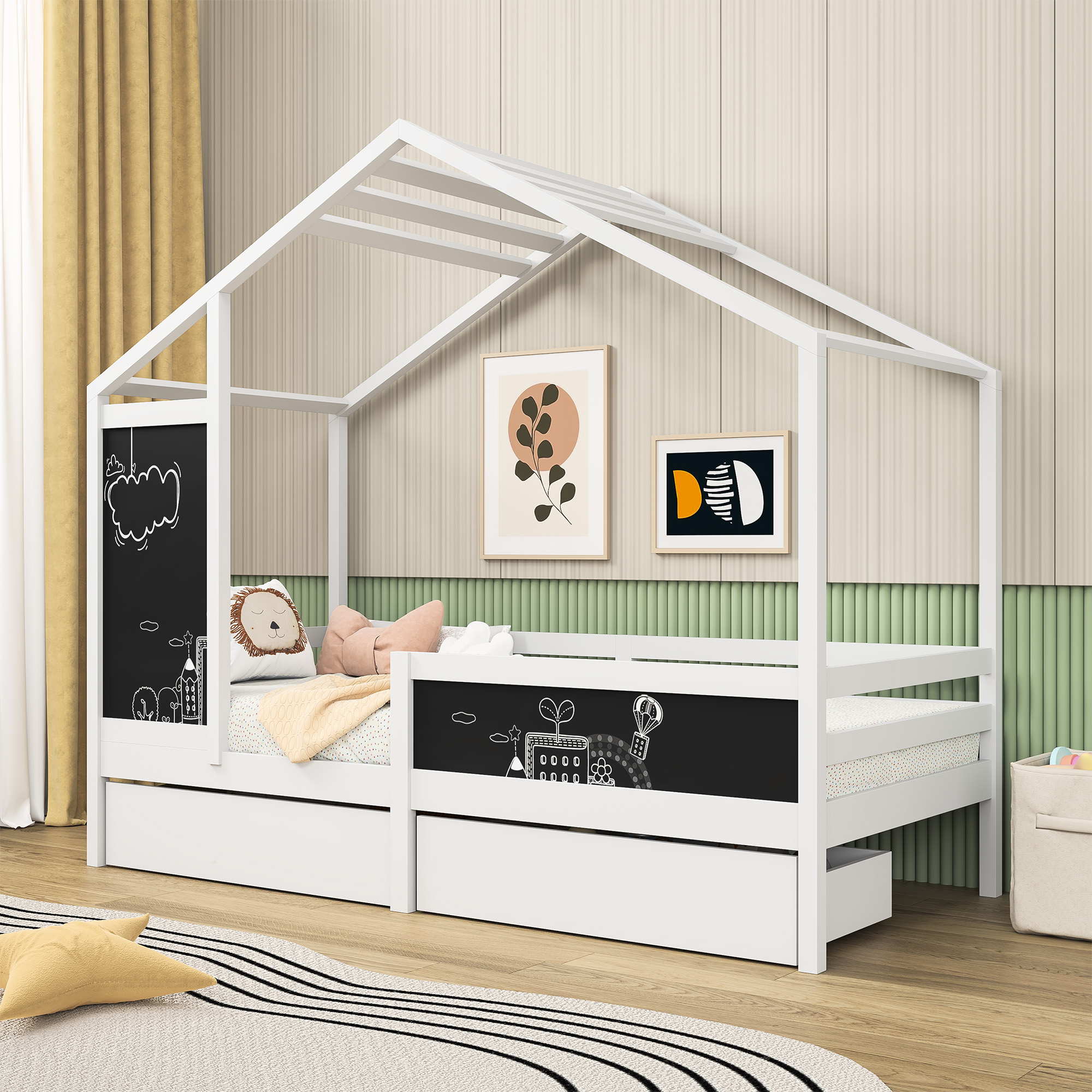 Casa cama infantil 90 x 200 cm, cama de madera con pizarra y 2 cajones, madera maciza con valla y somier de láminas