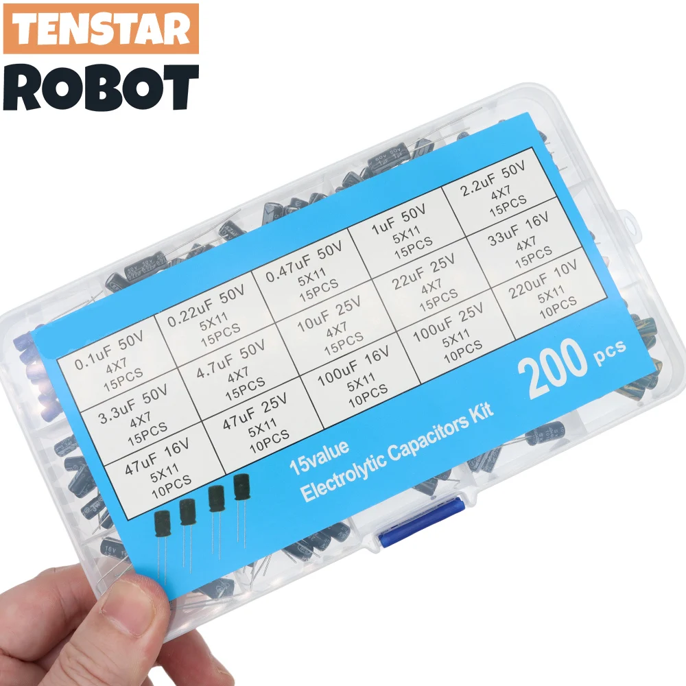 200pcs/lot Radial capacitors set 15Values 10V 16V 25V 50V 0.1uF-220uF Electrolytic Capacitor Assortment Kit 0.22uf 2.2uf 100uf