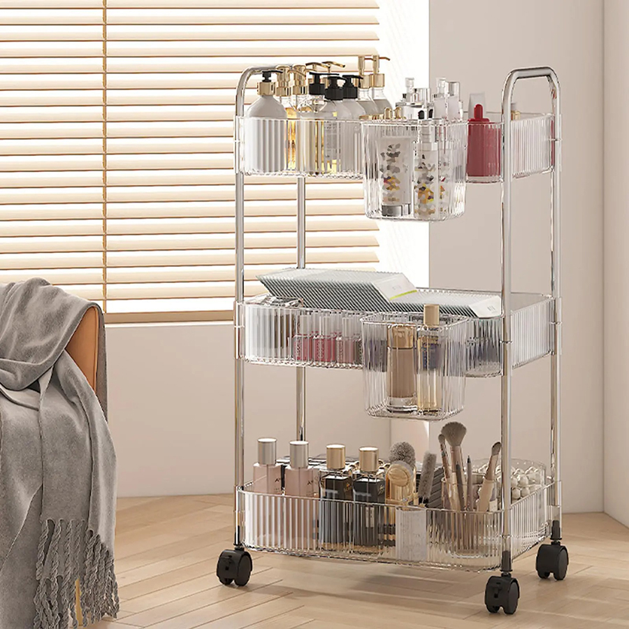 Light Luxury Storage Rack Trolley 2/3/4 Layers Transparent Acrylic Rolling Cart With Removable Hanging Baskets Snacks Bookshelf