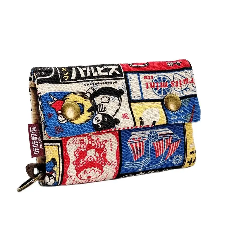 Cartera plegable con estampado de dibujos animados de lona para mujer, organizador de tarjetas pequeñas, bolsa para llaves, monedero para niños, niñas y mujeres