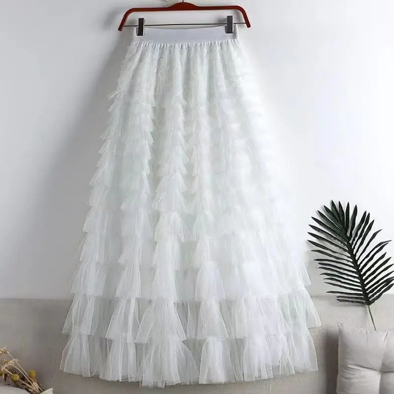 Chamliforve Vrouwen Tule Mesh Rok Elegante Elastische Taille Fee Lange A-lijn Tutu Rok voor Lente Zomer Lange Taart Rok