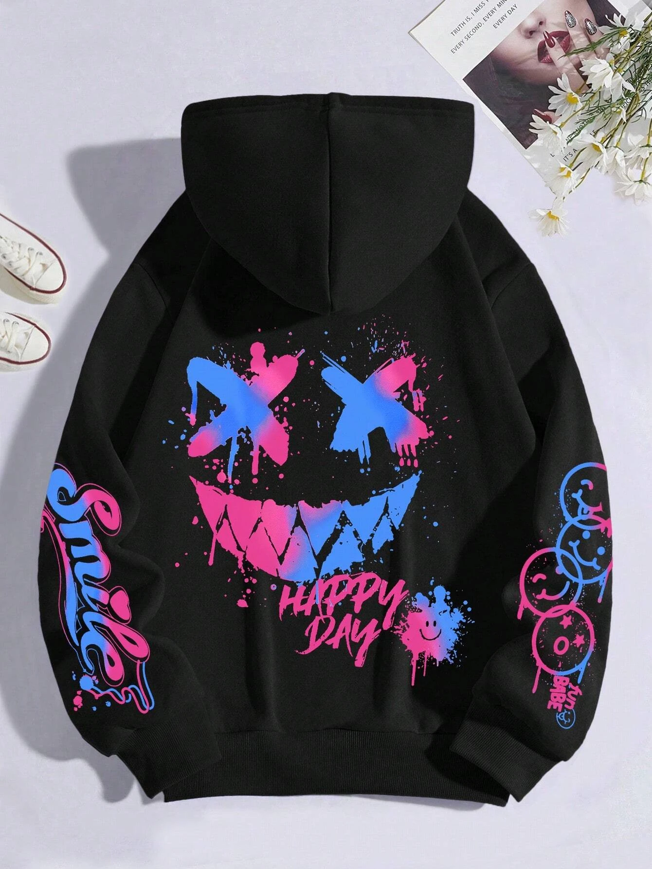 Happy Day-Sudadera con capucha con estampado de grafiti para mujer, Sudadera con capucha de calle de Hip Hop, sudaderas versátiles con cuello redondo, ropa Vintage de gran tamaño para mujer