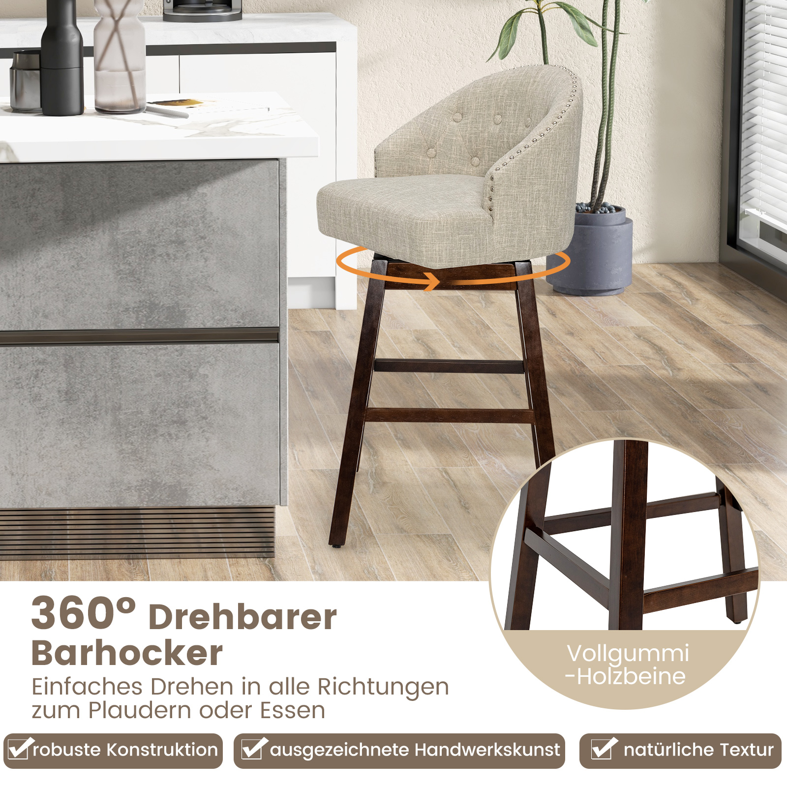 Barhocker 2er Set, Barstuhl 360° drehbar, Küchenhocker mit Lehne und Fußstütze, Sitzhöhe 78cm, Stuhl modern, ideal für Bar