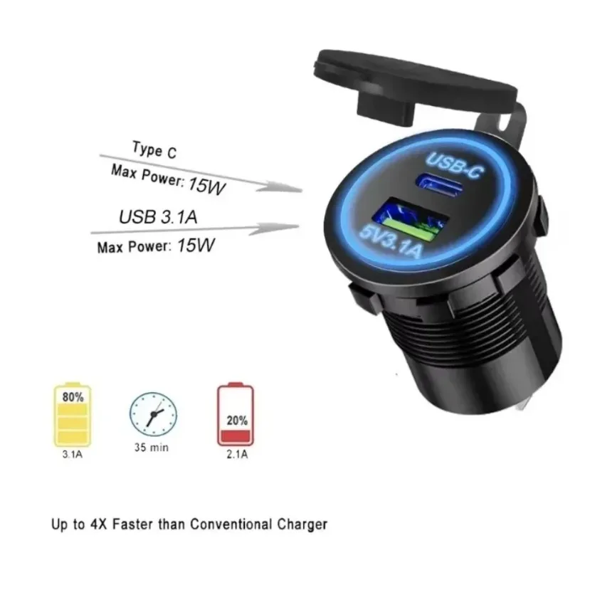 Universele autolader snel opladen motorfiets auto sigarettenaansteker LED-licht USB TYPE-C oplader stopcontact voor auto vrachtwagen