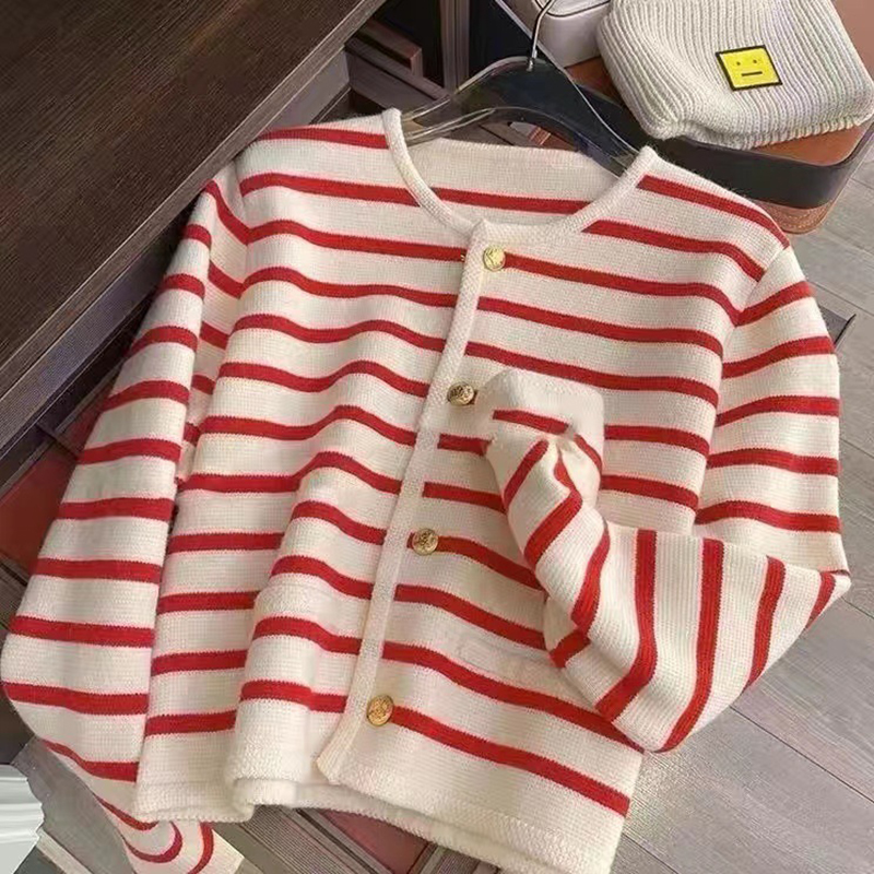 Streep Gebreid Vest Dames Lente Herfst O-hals Single Breasted Crop Tops Met Lange Mouwen Fashion Casual Chic Vrouwelijke Truien