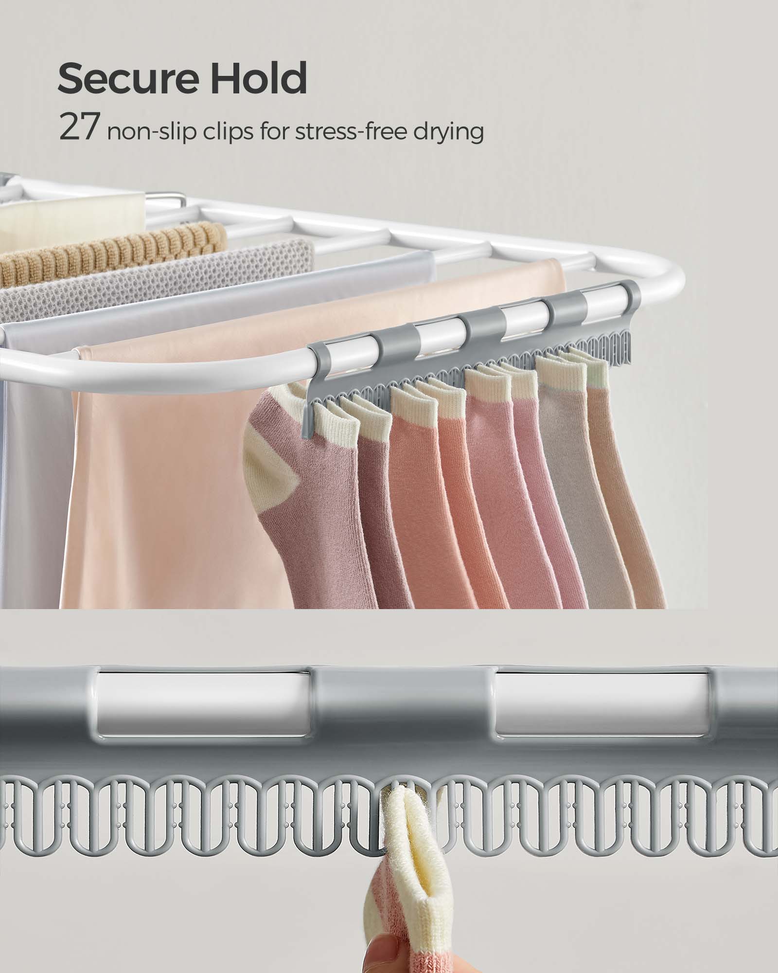 SONGMICS Clothes Drying Rack, with Sock Clips, Metal Laundry Rack, Foldable, Space-Saving, Free-Standing Airer