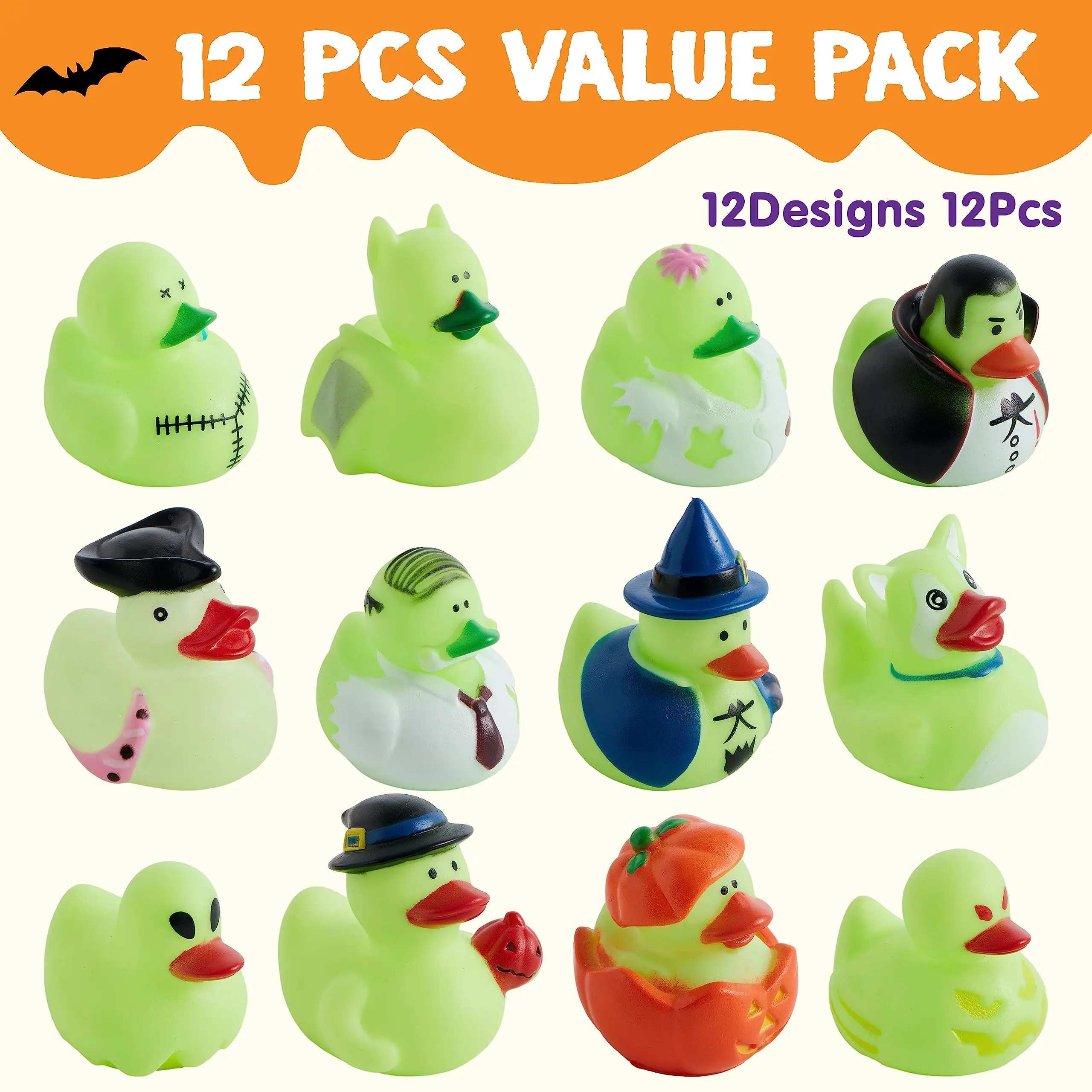 Glow-in-the-Dark Rubber Duck, Presente do banho do Dia das Bruxas, Trick or Treat Present, Presente do tema do Dia das Bruxas, Ducky Squeaker Party, 24pcs