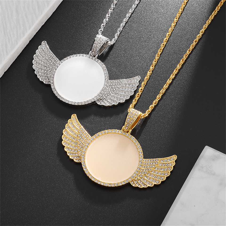 Htpwe ailes d'ange miroir Photo pendentif commémoratif incrusté de cristal de glace zircone collier Couple bijoux à la mode cadeau d'anniversaire
