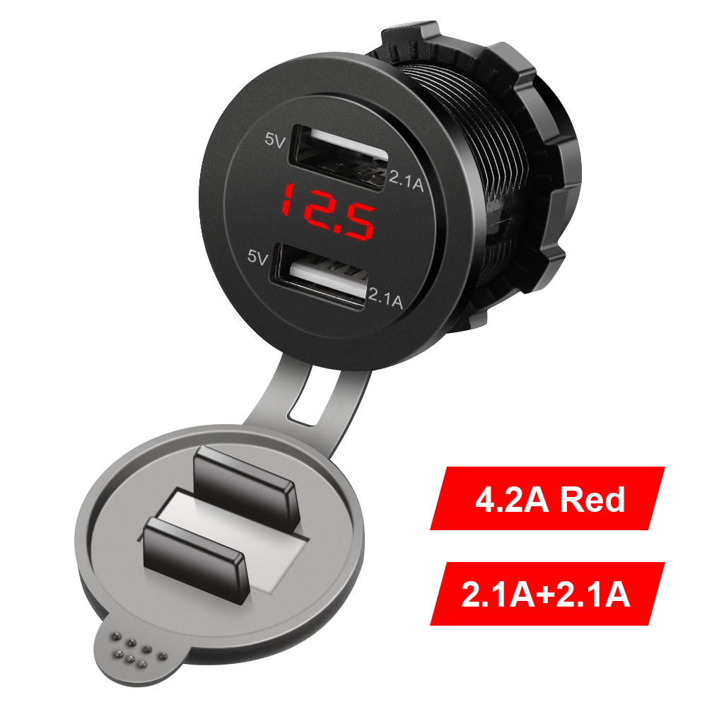 デュアルUSB充電器,シガレットライター,オートバイ用,自動車用電圧計,携帯電話充電器,12v-24v 4.2a