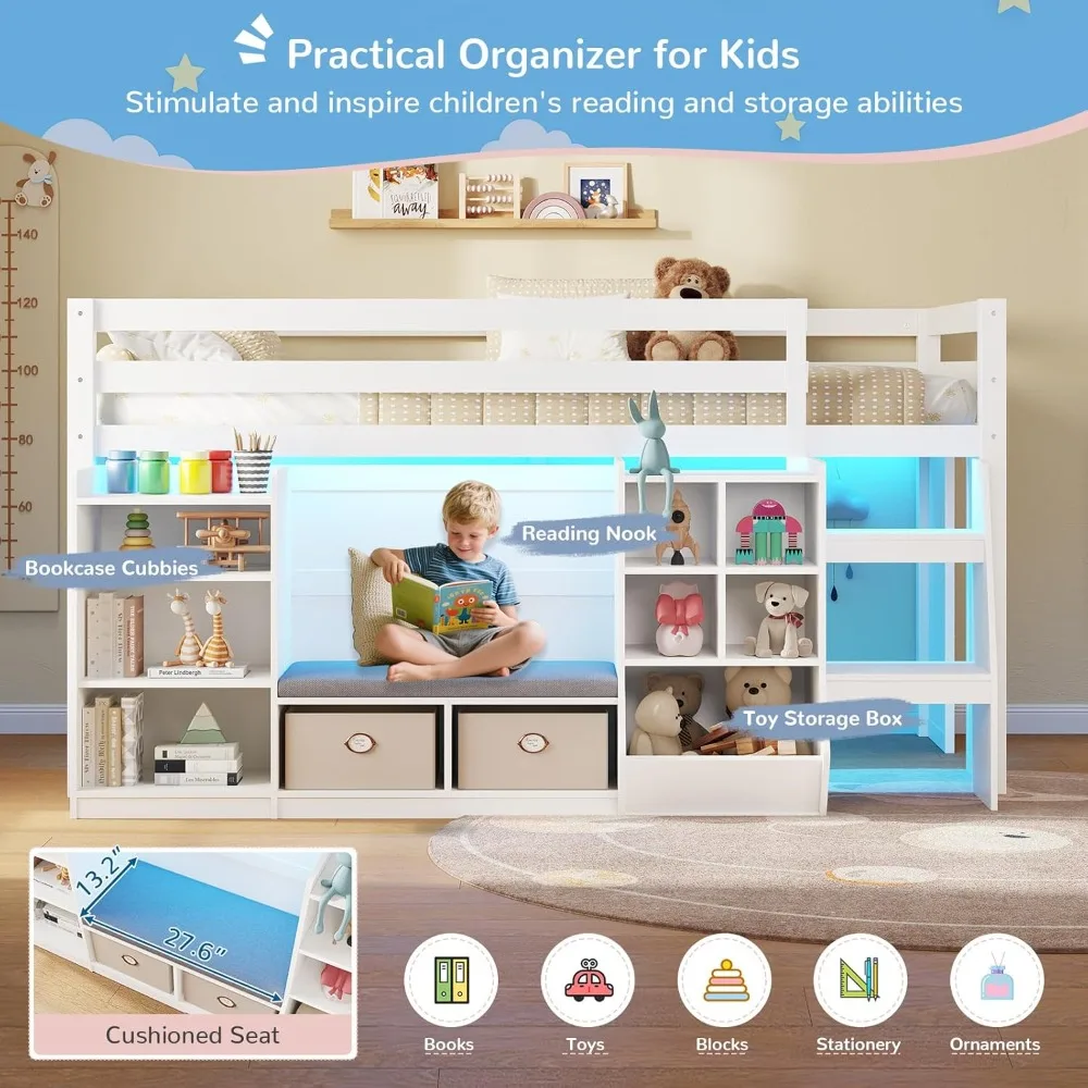 Low Loft Bed Twin Size with LED Lights, Wooden Kids Twin Loft Bed with Storage Bookcase, Toy Box, Reading Nook and Secret Play