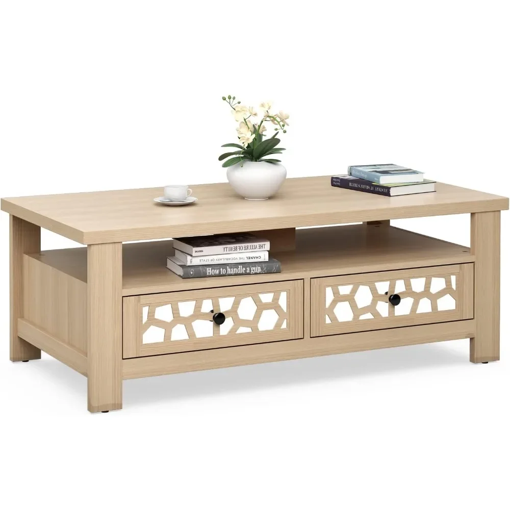 Mesa de centro de 2 niveles, mesa central rectangular de 46,5" con diseño de espejo acrílico, mesa de madera con tablero grande, estante abierto,