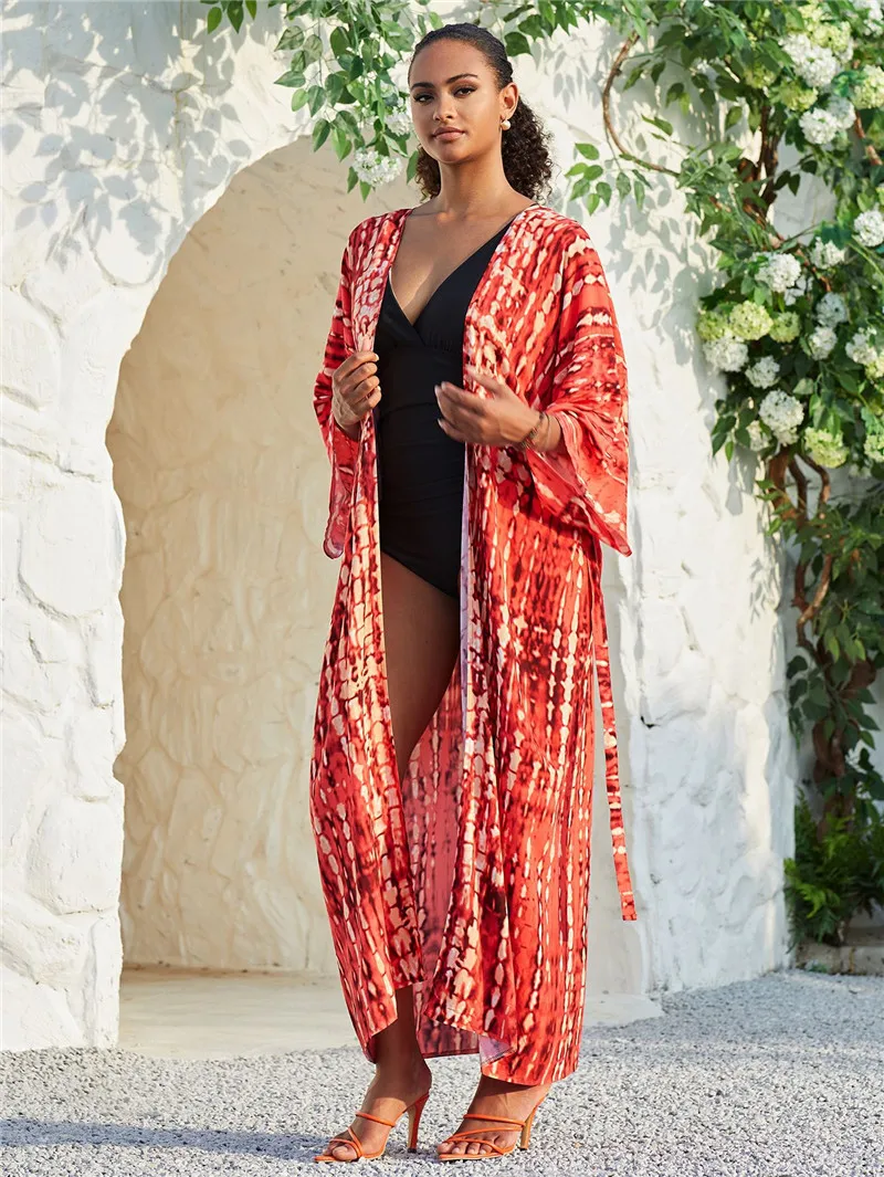 Długi strój kąpielowy Kimono dla kobiet Stylowy strój kąpielowy Tie Dye z otwartym przodem