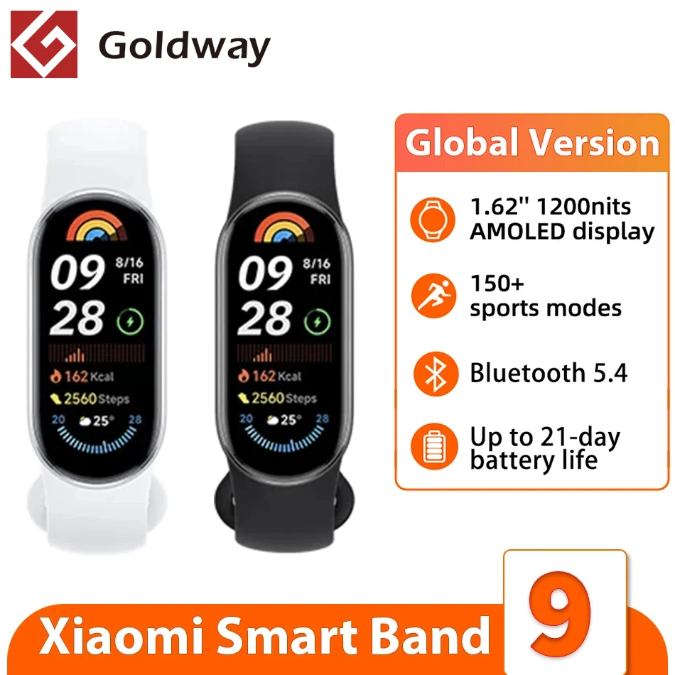 Versione globale Xiaomi Smart Band 9 Display AMOLED da 1,62'' Durata della batteria di 21 giorni Supporta oltre 150 modalità sportive 5ATM Bluetooth 5.4