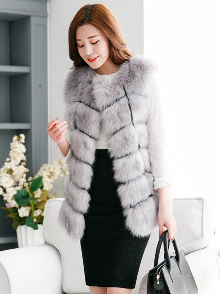 Zadorin-女性のためのファッショナブルな毛皮の冬のコート,丸い首のパッチワークが付いたノースリーブの衣服,5/6 XL