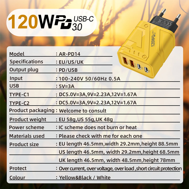 4 in 1 120W Fast Charging Charger Multi Ports USB Type C Charger Adapter For IPhone 16 15 Samsung Xiaomi Quick Charge Adapter