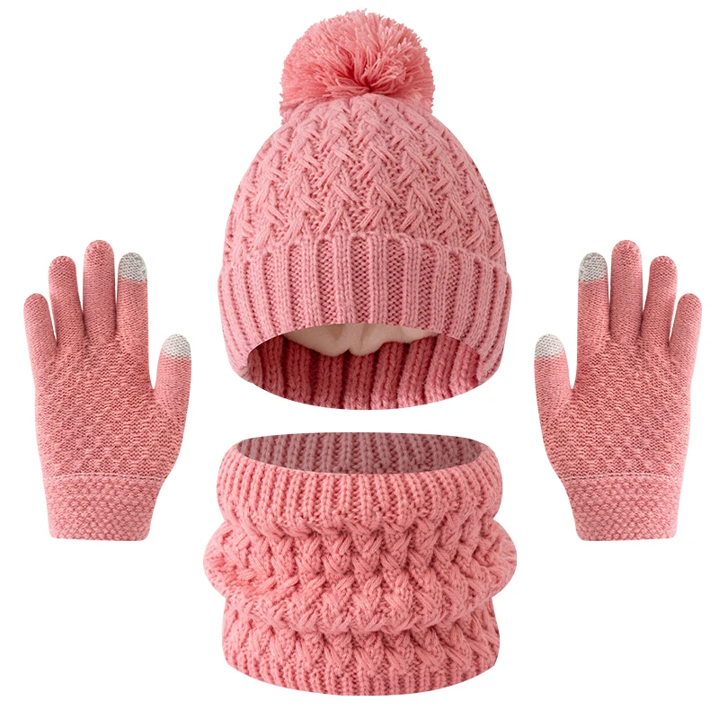 Set di cappelli, sciarpe e guanti per bambini, ragazzi e ragazze in tinta unita, pile e ispessiti 3pc3-12Y