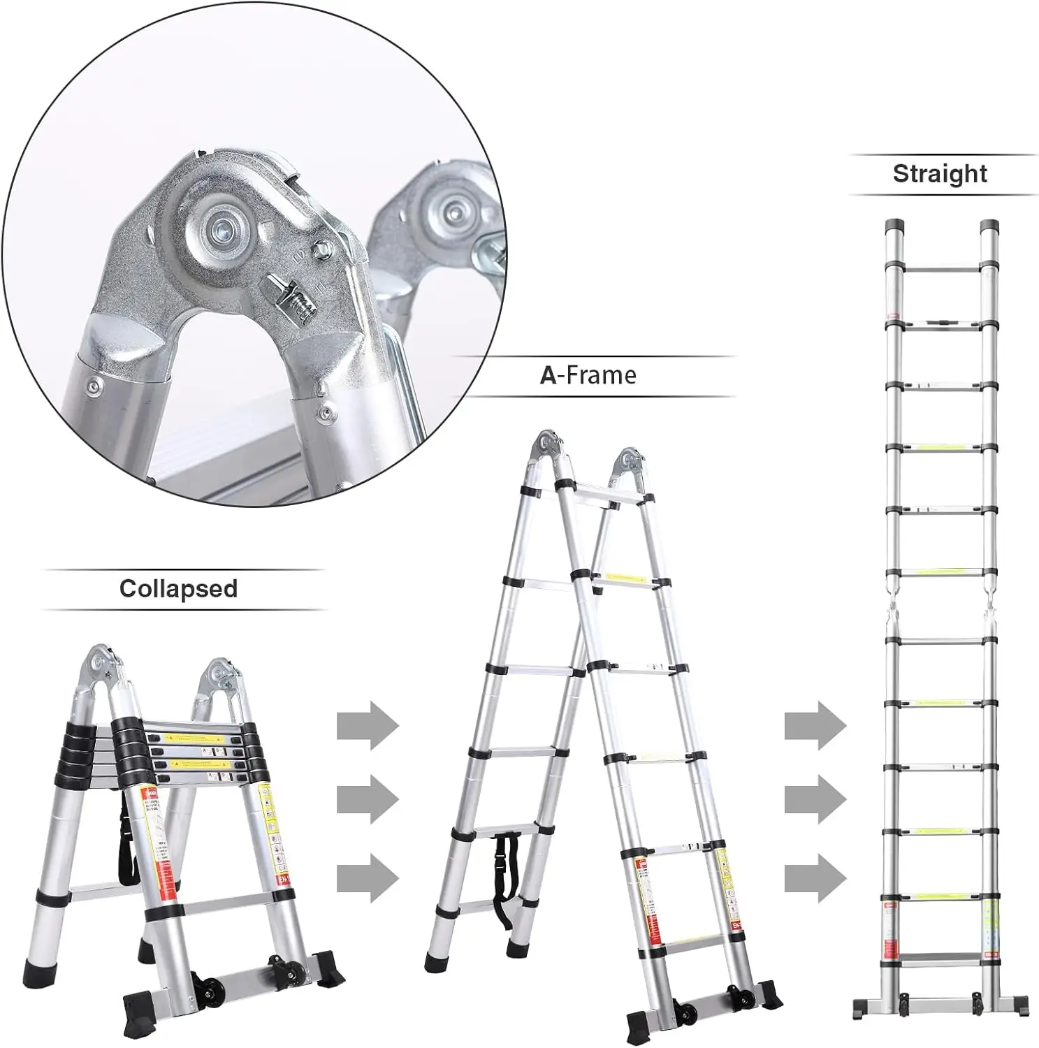 Scala telescopica da 3.8m con bilanciere, ruote mobili, per uso domestico ed esterno, design pieghevole multiuso.