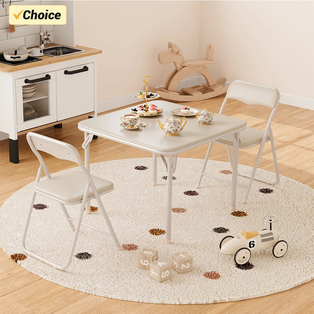 Boys and Girls Folding Table and Chairs Set of 3 Portable Table and Chair with PU Soft Cushion for Eating, Reading and Playing